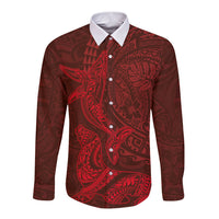 Hawaiian Monk Seal and Whale Long Sleeve Button Shirt Kakau Tribal Pattern Red Color