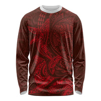 Hawaiian Monk Seal and Whale Long Sleeve Shirt Kakau Tribal Pattern Red Color