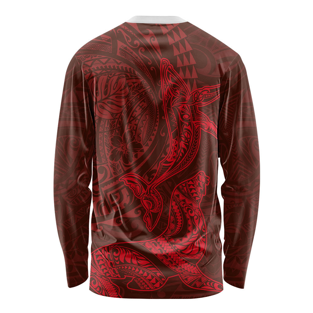 Hawaiian Monk Seal and Whale Long Sleeve Shirt Kakau Tribal Pattern Red Color