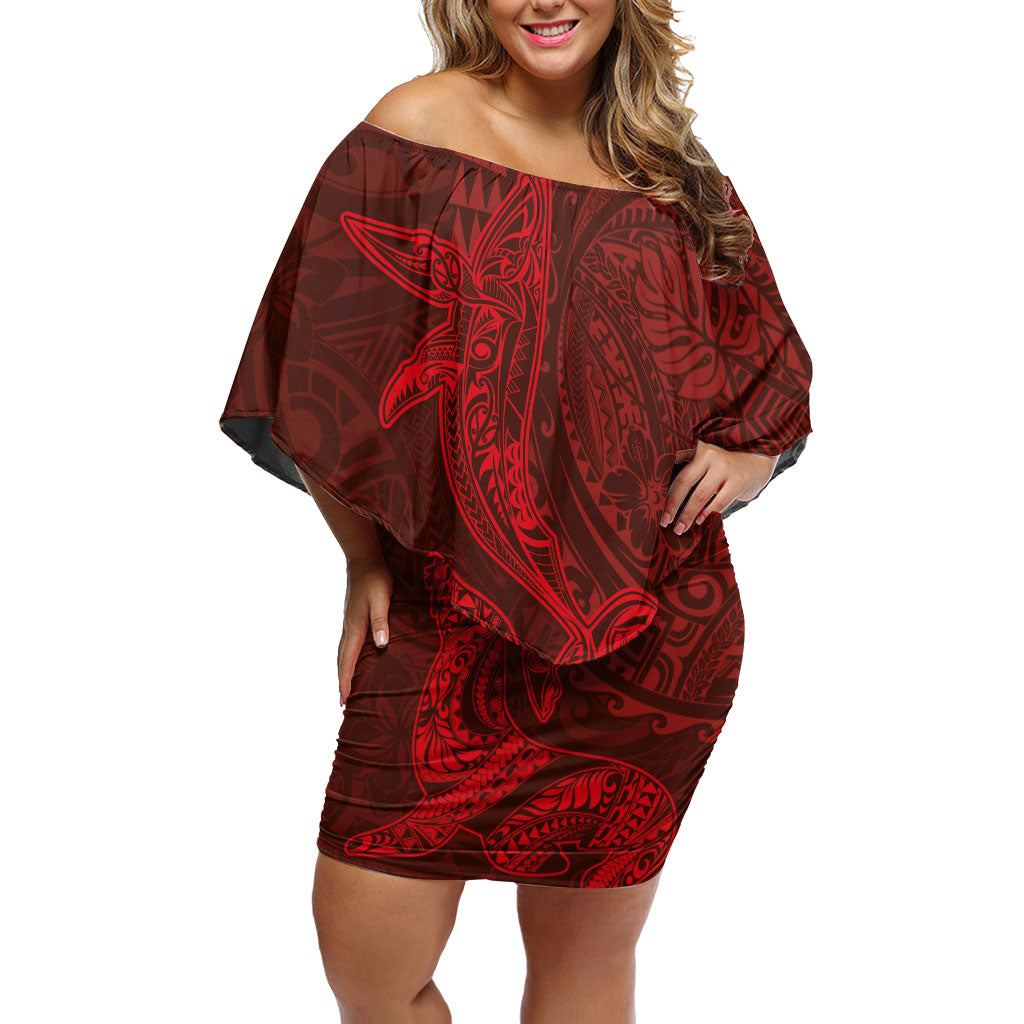 Hawaiian Monk Seal and Whale Off Shoulder Short Dress Kakau Tribal Pattern Red Color