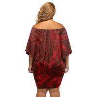 Hawaiian Monk Seal and Whale Off Shoulder Short Dress Kakau Tribal Pattern Red Color