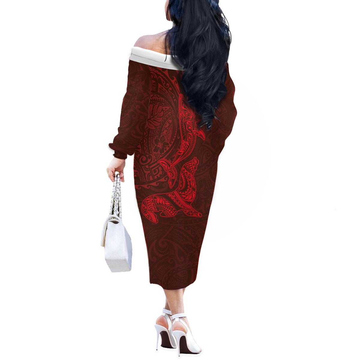 Hawaiian Monk Seal and Whale Off The Shoulder Long Sleeve Dress Kakau Tribal Pattern Red Color