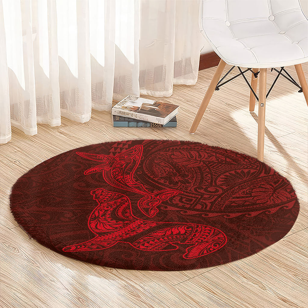 Hawaiian Monk Seal and Whale Round Carpet Kakau Tribal Pattern Red Color