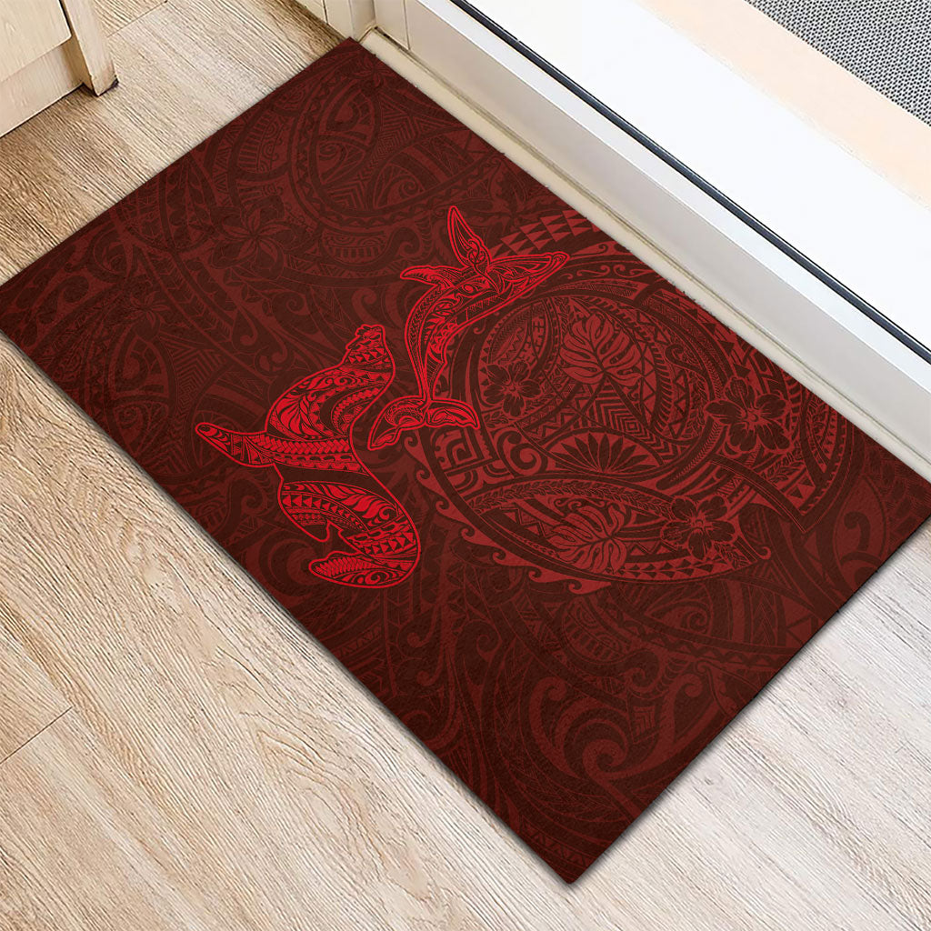 Hawaiian Monk Seal and Whale Rubber Doormat Kakau Tribal Pattern Red Color