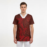 Hawaiian Monk Seal and Whale Scrub Top Kakau Tribal Pattern Red Color