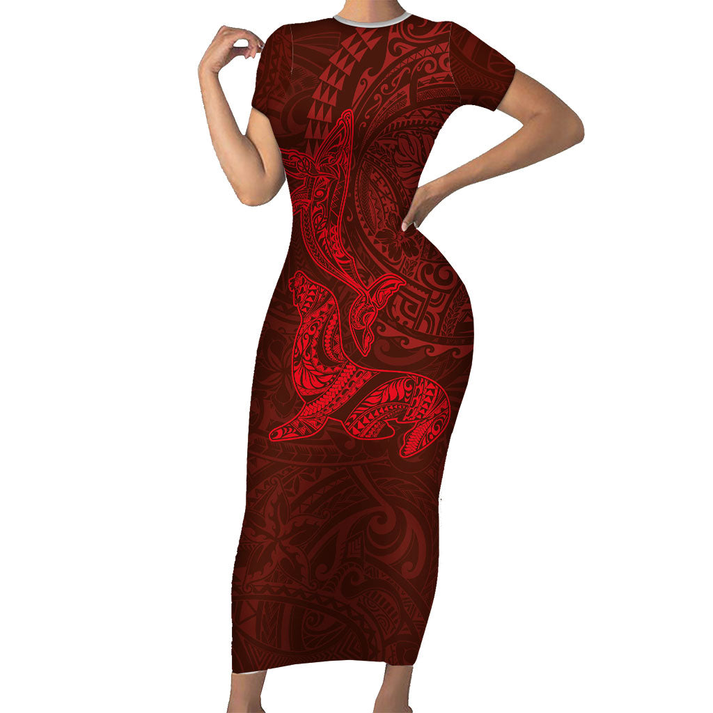 Hawaiian Monk Seal and Whale Short Sleeve Bodycon Dress Kakau Tribal Pattern Red Color