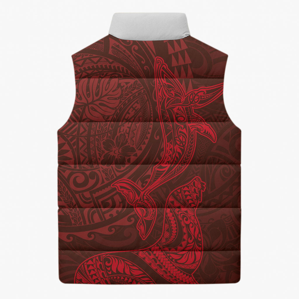 Hawaiian Monk Seal and Whale Sleeveless Puffer Jacket Kakau Tribal Pattern Red Color