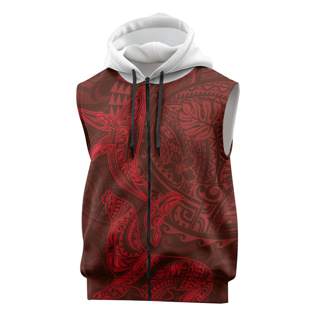Hawaiian Monk Seal and Whale Sleeveless Zip Hoodie Kakau Tribal Pattern Red Color