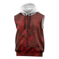 Hawaiian Monk Seal and Whale Sleeveless Zip Hoodie Kakau Tribal Pattern Red Color