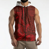 Hawaiian Monk Seal and Whale Sleeveless Zip Hoodie Kakau Tribal Pattern Red Color