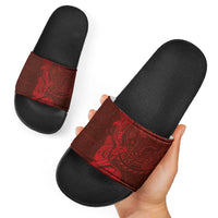 Hawaiian Monk Seal and Whale Slide Sandals Kakau Tribal Pattern Red Color