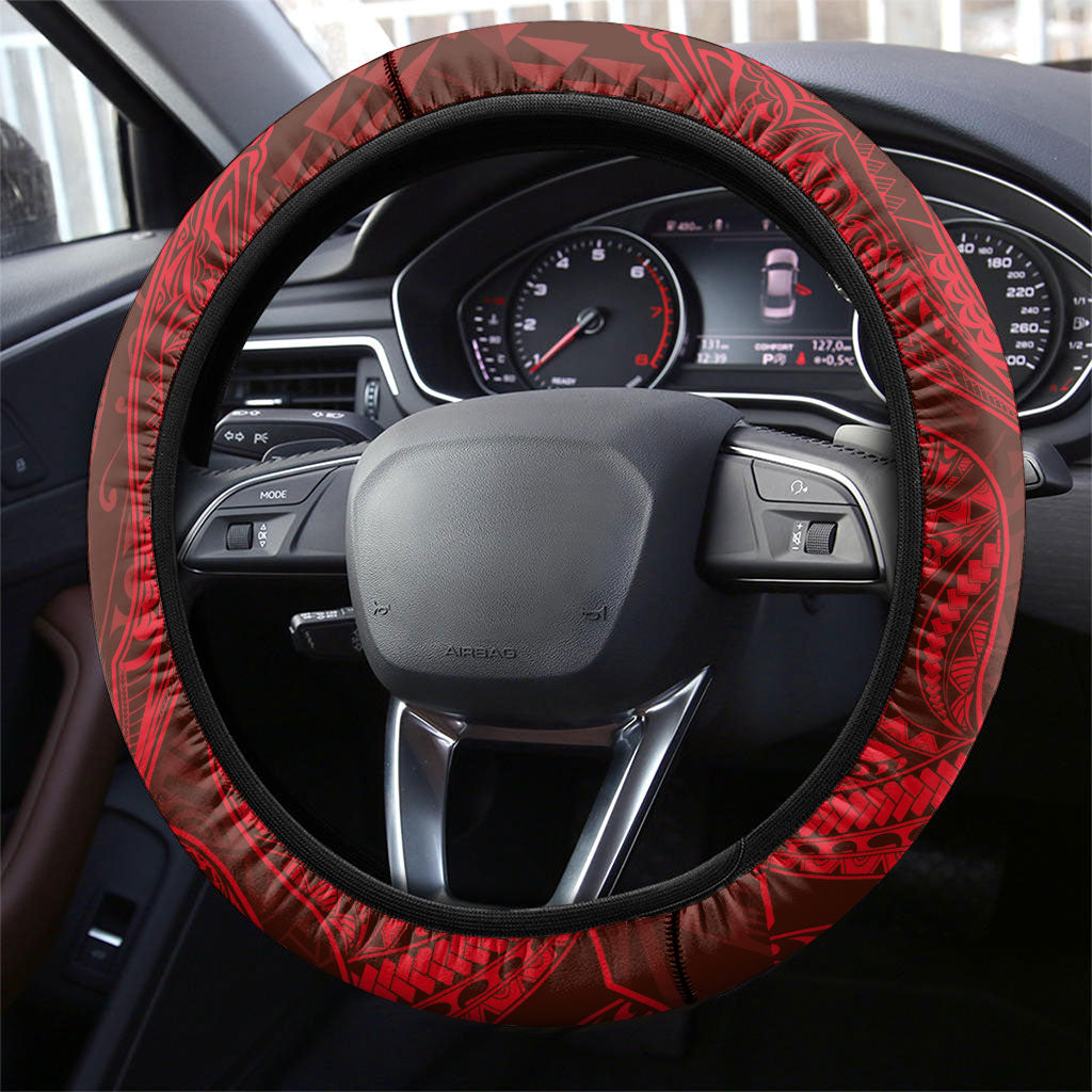 Hawaiian Monk Seal and Whale Steering Wheel Cover Kakau Tribal Pattern Red Color