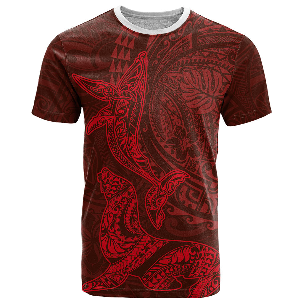Hawaiian Monk Seal and Whale T Shirt Kakau Tribal Pattern Red Color