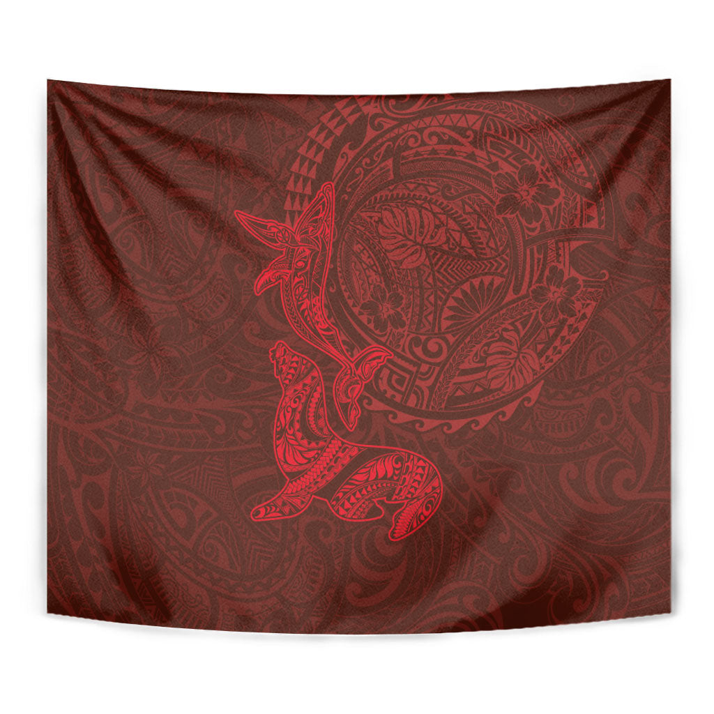 Hawaiian Monk Seal and Whale Tapestry Kakau Tribal Pattern Red Color