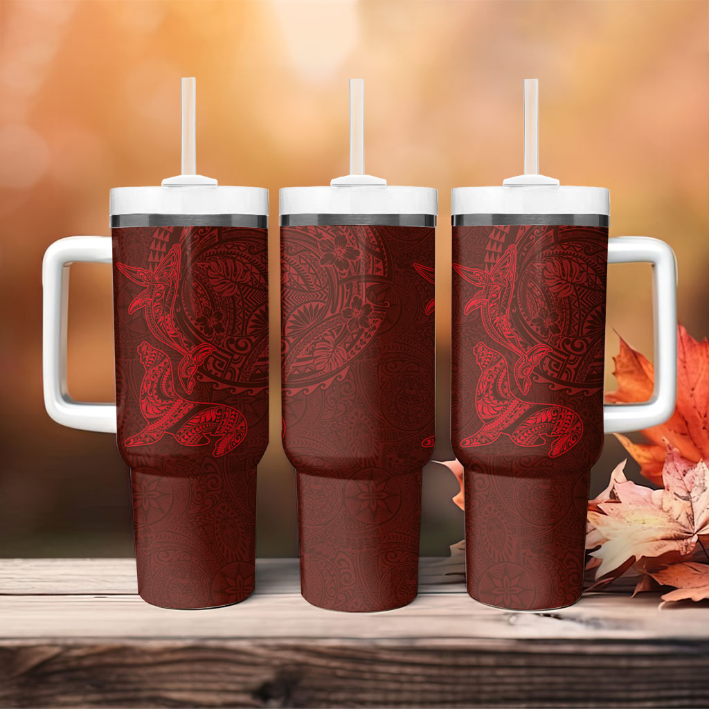 Hawaiian Monk Seal and Whale Tumbler With Handle Kakau Tribal Pattern Red Color