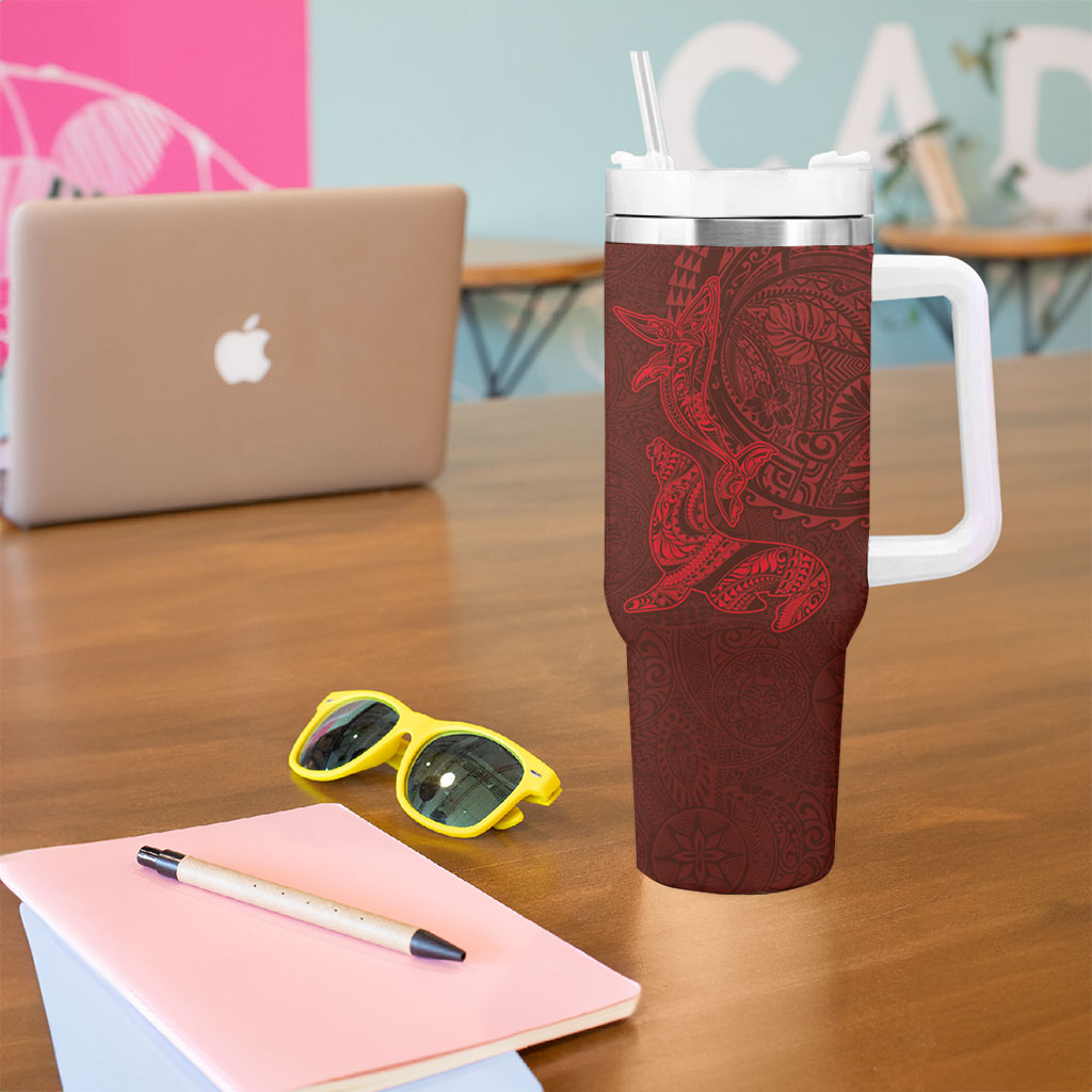 Hawaiian Monk Seal and Whale Tumbler With Handle Kakau Tribal Pattern Red Color