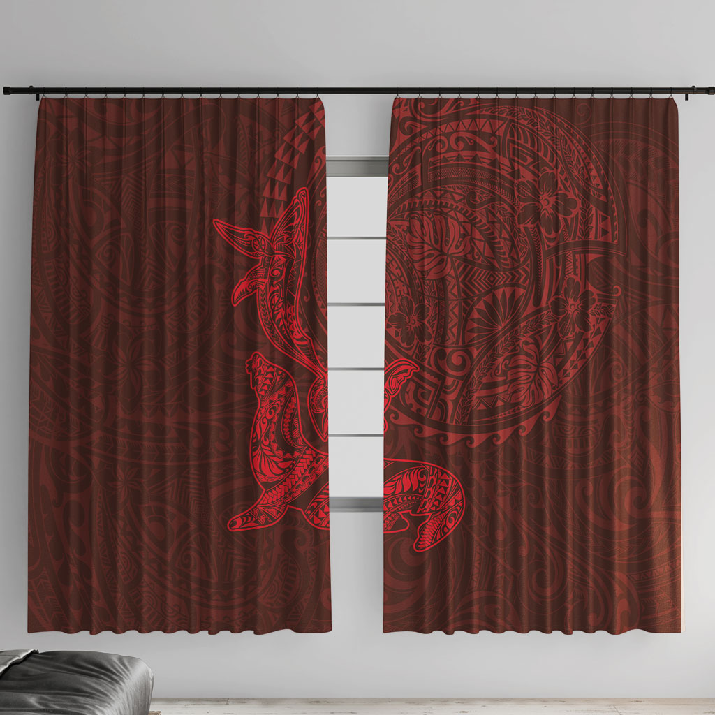 Hawaiian Monk Seal and Whale Window Curtain Kakau Tribal Pattern Red Color