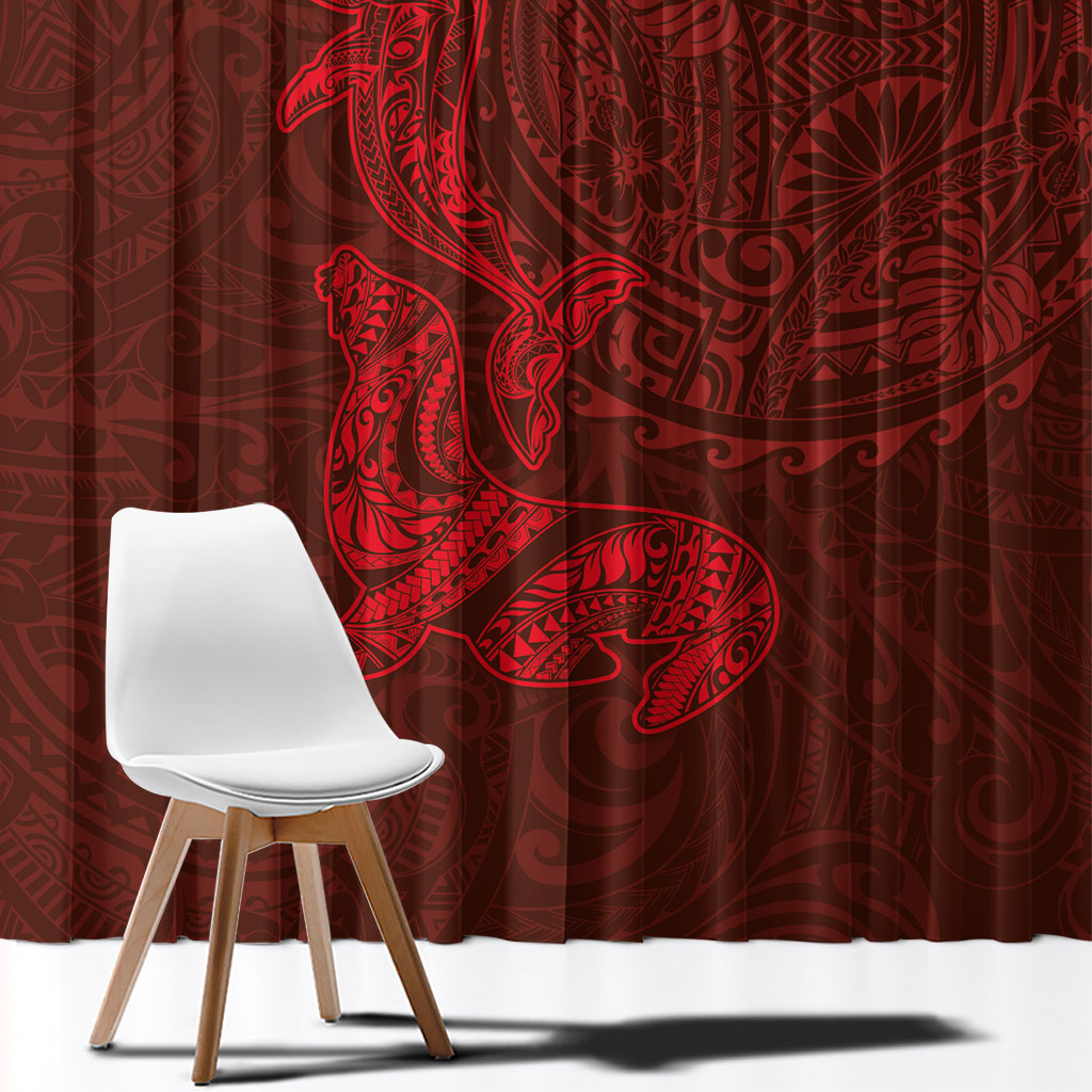 Hawaiian Monk Seal and Whale Window Curtain Kakau Tribal Pattern Red Color