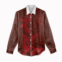 Hawaiian Monk Seal and Whale Women Casual Shirt Kakau Tribal Pattern Red Color