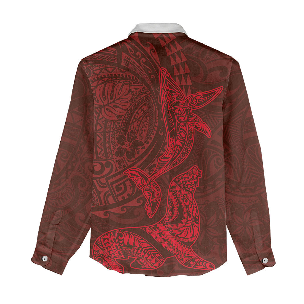 Hawaiian Monk Seal and Whale Women Casual Shirt Kakau Tribal Pattern Red Color
