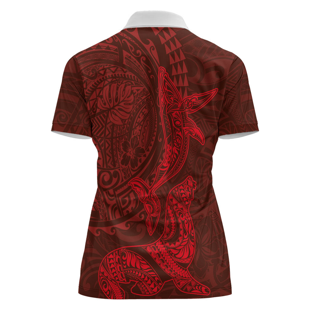 Hawaiian Monk Seal and Whale Women Polo Shirt Kakau Tribal Pattern Red Color