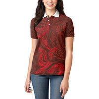 Hawaiian Monk Seal and Whale Women Polo Shirt Kakau Tribal Pattern Red Color