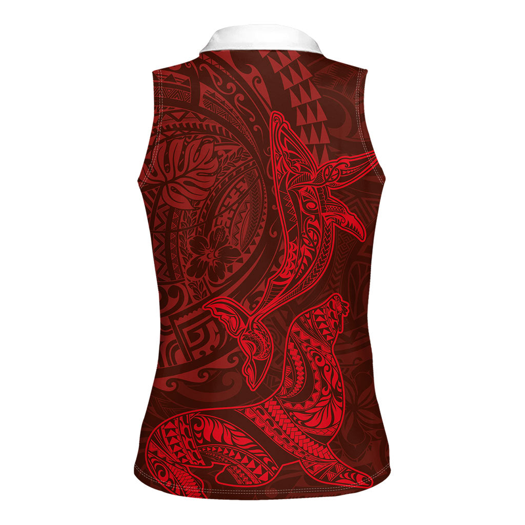 Hawaiian Monk Seal and Whale Women Sleeveless Polo Shirt Kakau Tribal Pattern Red Color