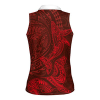 Hawaiian Monk Seal and Whale Women Sleeveless Polo Shirt Kakau Tribal Pattern Red Color