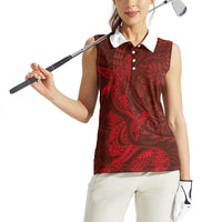 Hawaiian Monk Seal and Whale Women Sleeveless Polo Shirt Kakau Tribal Pattern Red Color