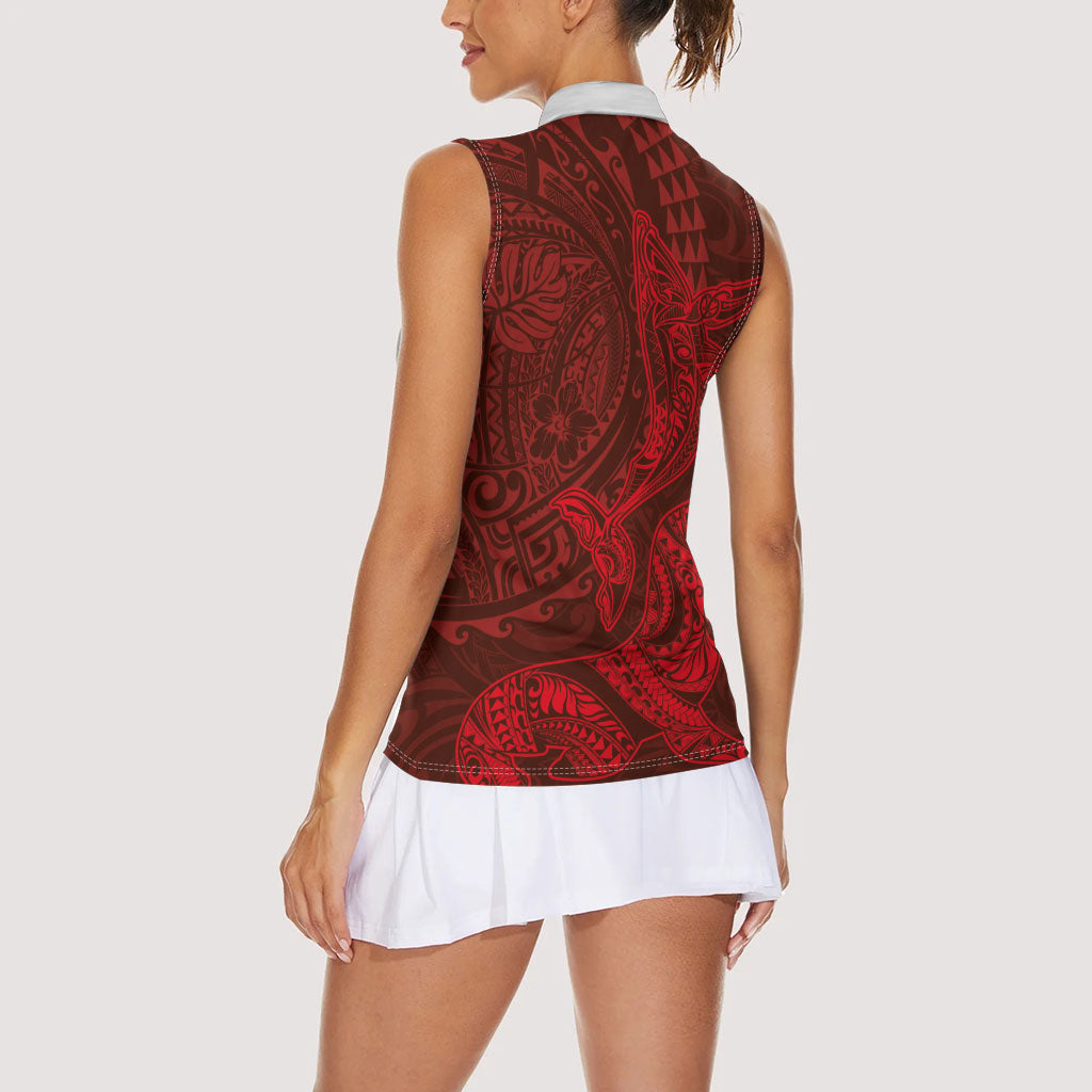 Hawaiian Monk Seal and Whale Women Sleeveless Polo Shirt Kakau Tribal Pattern Red Color