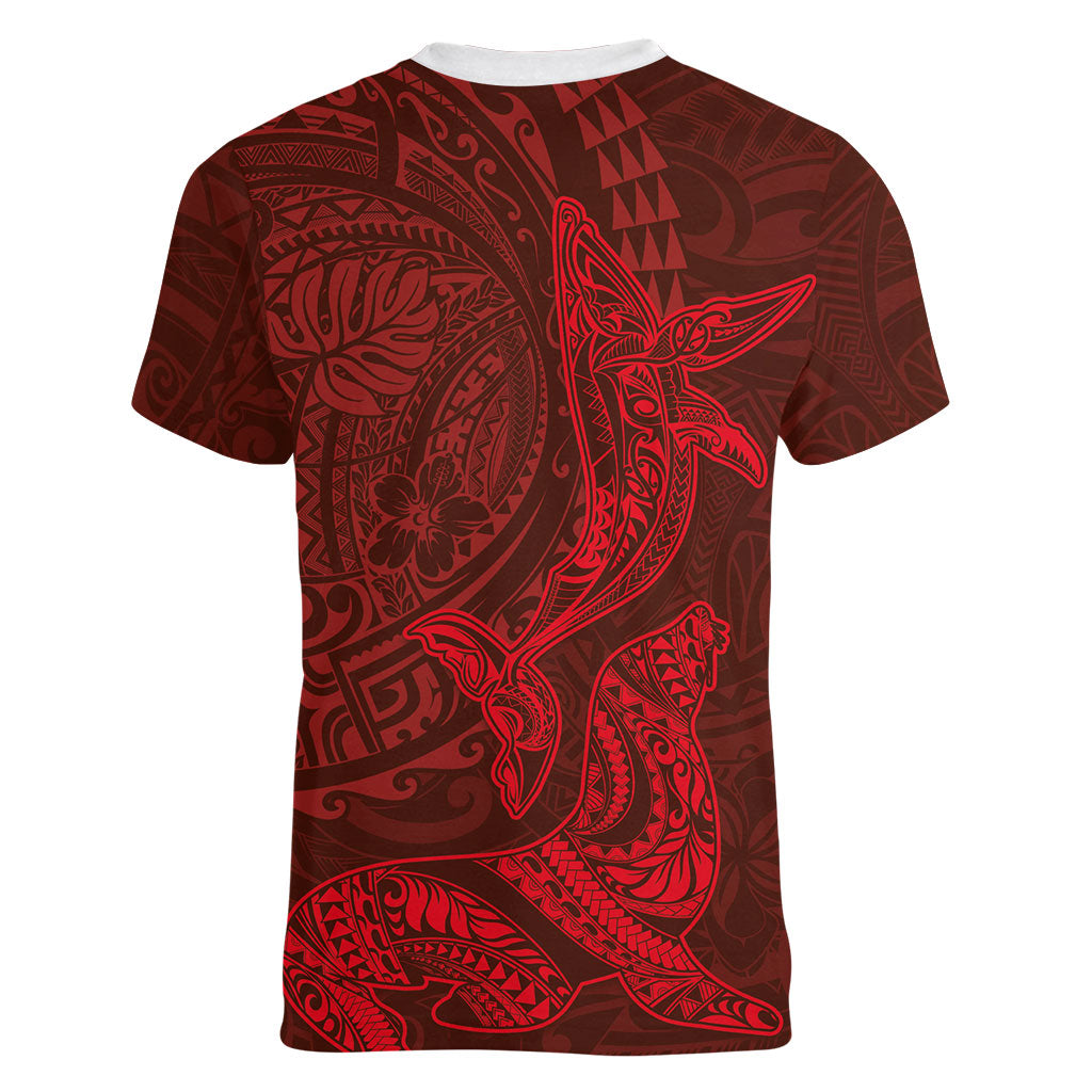 Hawaiian Monk Seal and Whale Women V-Neck T-Shirt Kakau Tribal Pattern Red Color