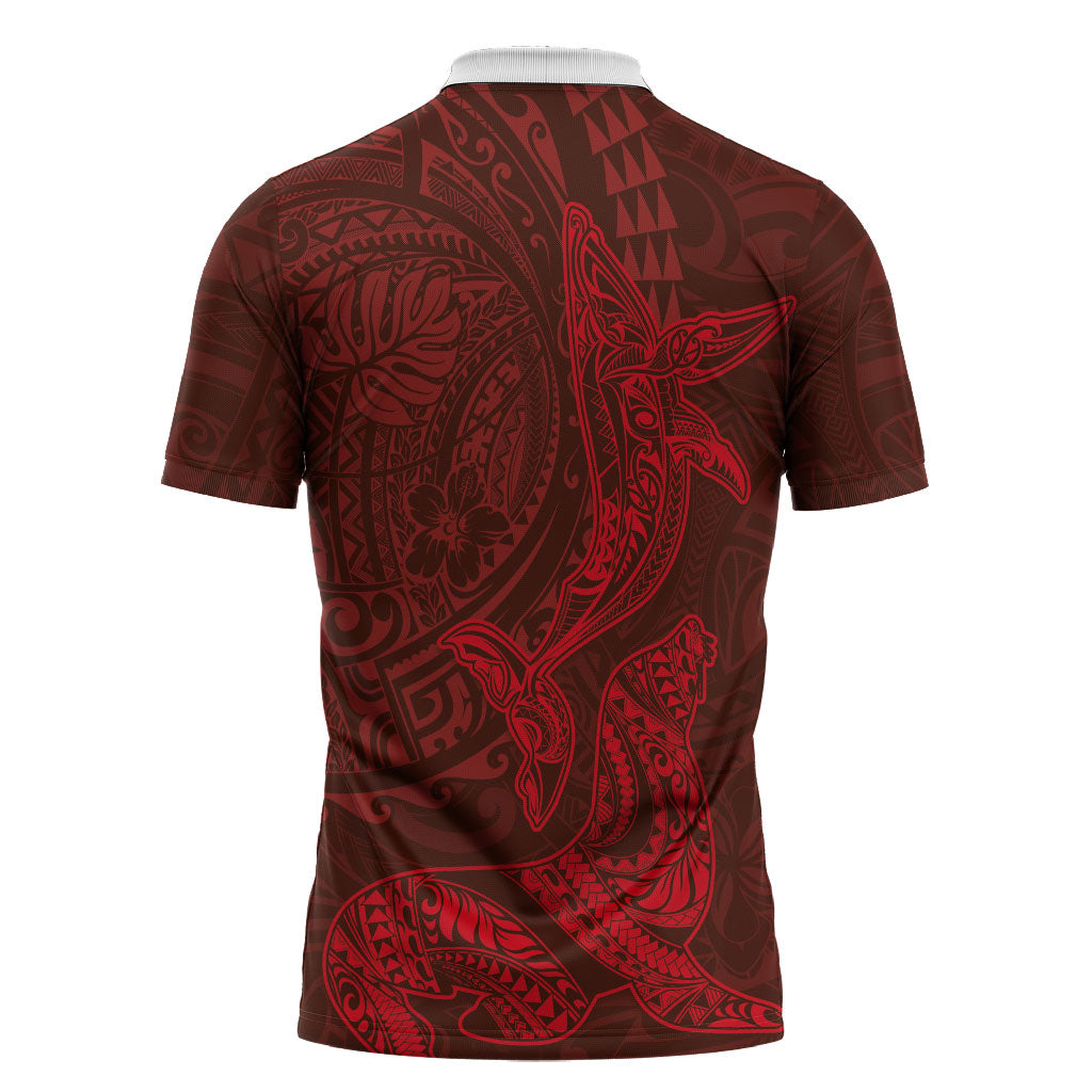 Hawaiian Monk Seal and Whale Zipper Polo Shirt Kakau Tribal Pattern Red Color