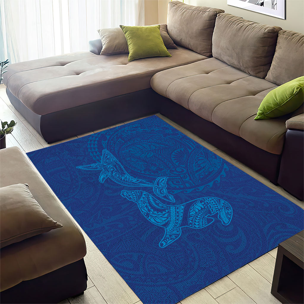 Hawaiian Monk Seal and Whale Area Rug Kakau Tribal Pattern Blue Color