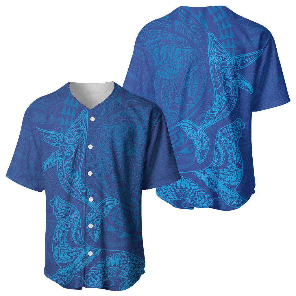 Hawaiian Monk Seal and Whale Baseball Jersey Kakau Tribal Pattern Blue Color