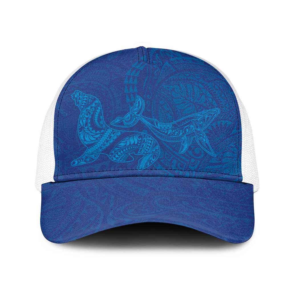 Hawaiian Monk Seal and Whale Baseball Net Cap Kakau Tribal Pattern Blue Color