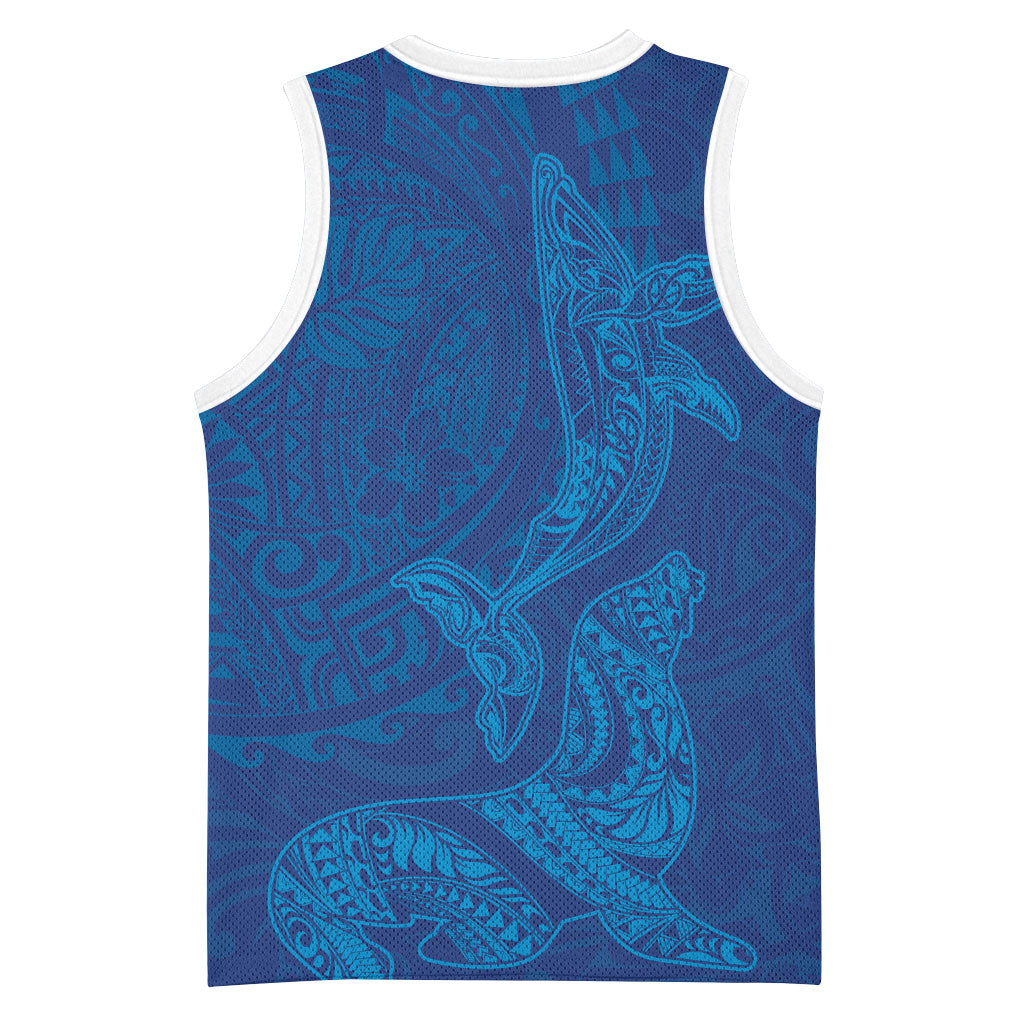 Hawaiian Monk Seal and Whale Basketball Jersey Kakau Tribal Pattern Blue Color