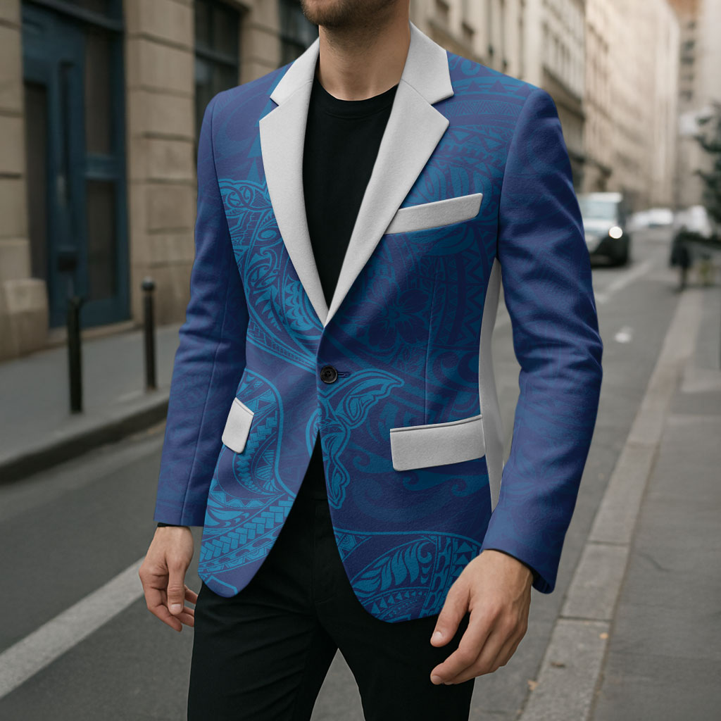 Hawaiian Monk Seal and Whale Blazer Kakau Tribal Pattern Blue Color