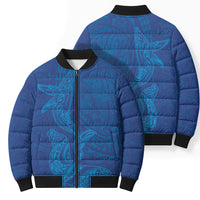 Hawaiian Monk Seal and Whale Bomber Puffer Jacket Kakau Tribal Pattern Blue Color