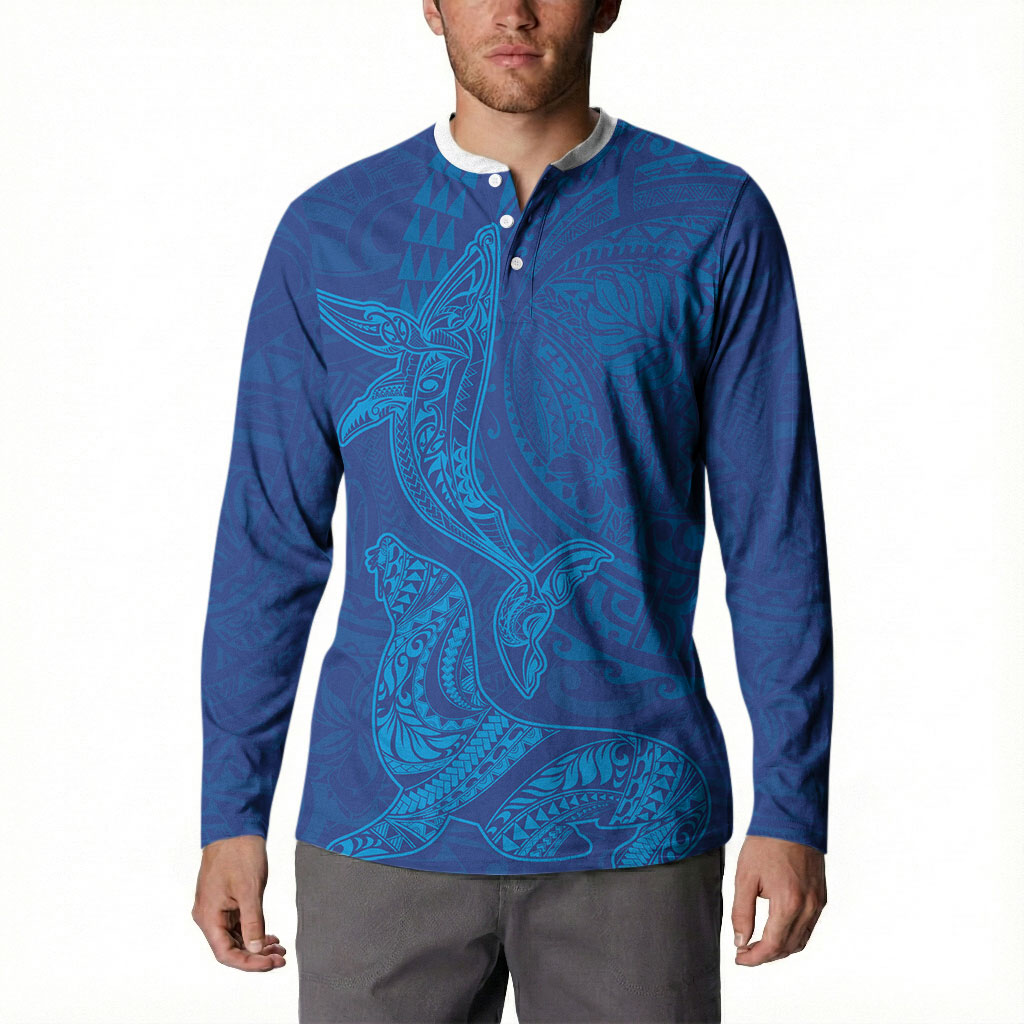 Hawaiian Monk Seal and Whale Button Sweatshirt Kakau Tribal Pattern Blue Color