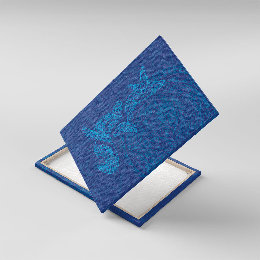 Hawaiian Monk Seal and Whale Canvas Wall Art Kakau Tribal Pattern Blue Color