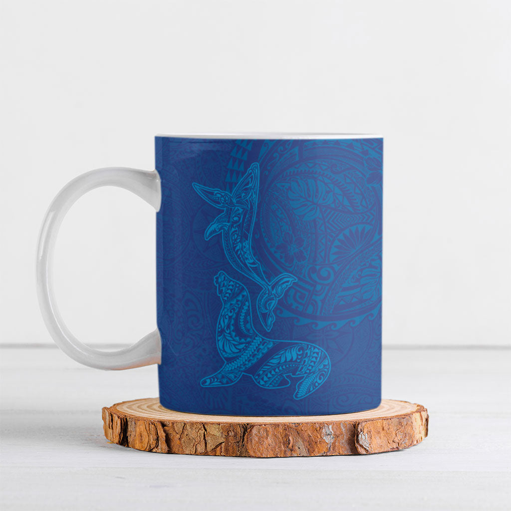 Hawaiian Monk Seal and Whale Ceramic Mug Kakau Tribal Pattern Blue Color