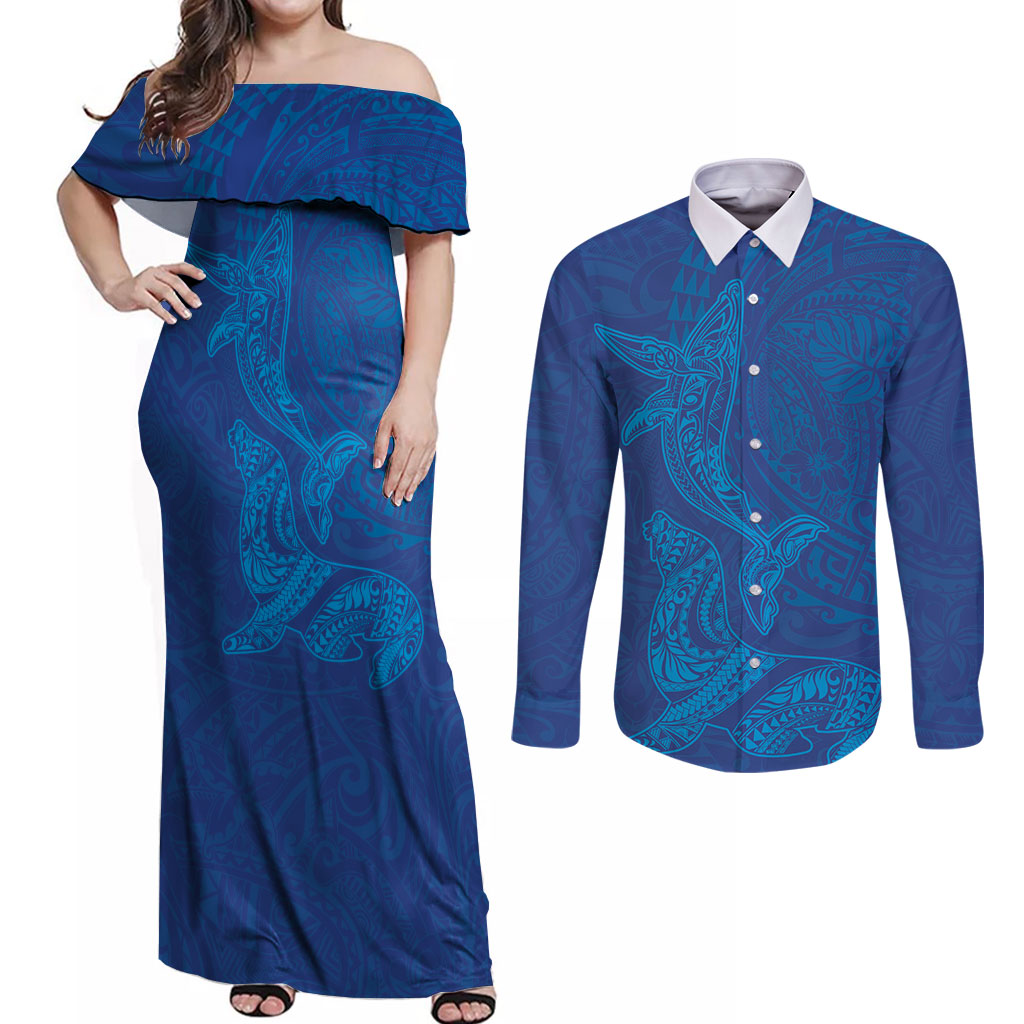 Hawaiian Monk Seal and Whale Couples Matching Off Shoulder Maxi Dress and Long Sleeve Button Shirt Kakau Tribal Pattern Blue Color