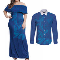 Hawaiian Monk Seal and Whale Couples Matching Off Shoulder Maxi Dress and Long Sleeve Button Shirt Kakau Tribal Pattern Blue Color