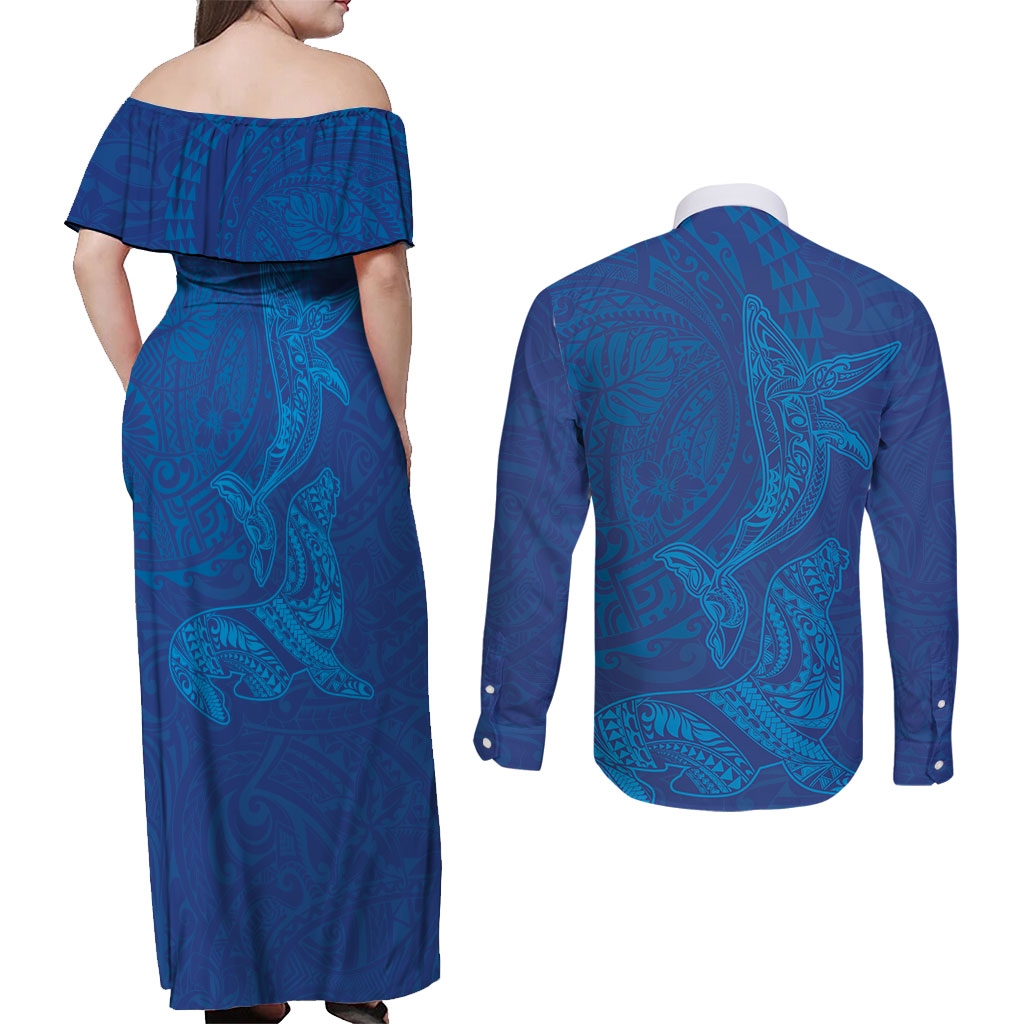 Hawaiian Monk Seal and Whale Couples Matching Off Shoulder Maxi Dress and Long Sleeve Button Shirt Kakau Tribal Pattern Blue Color