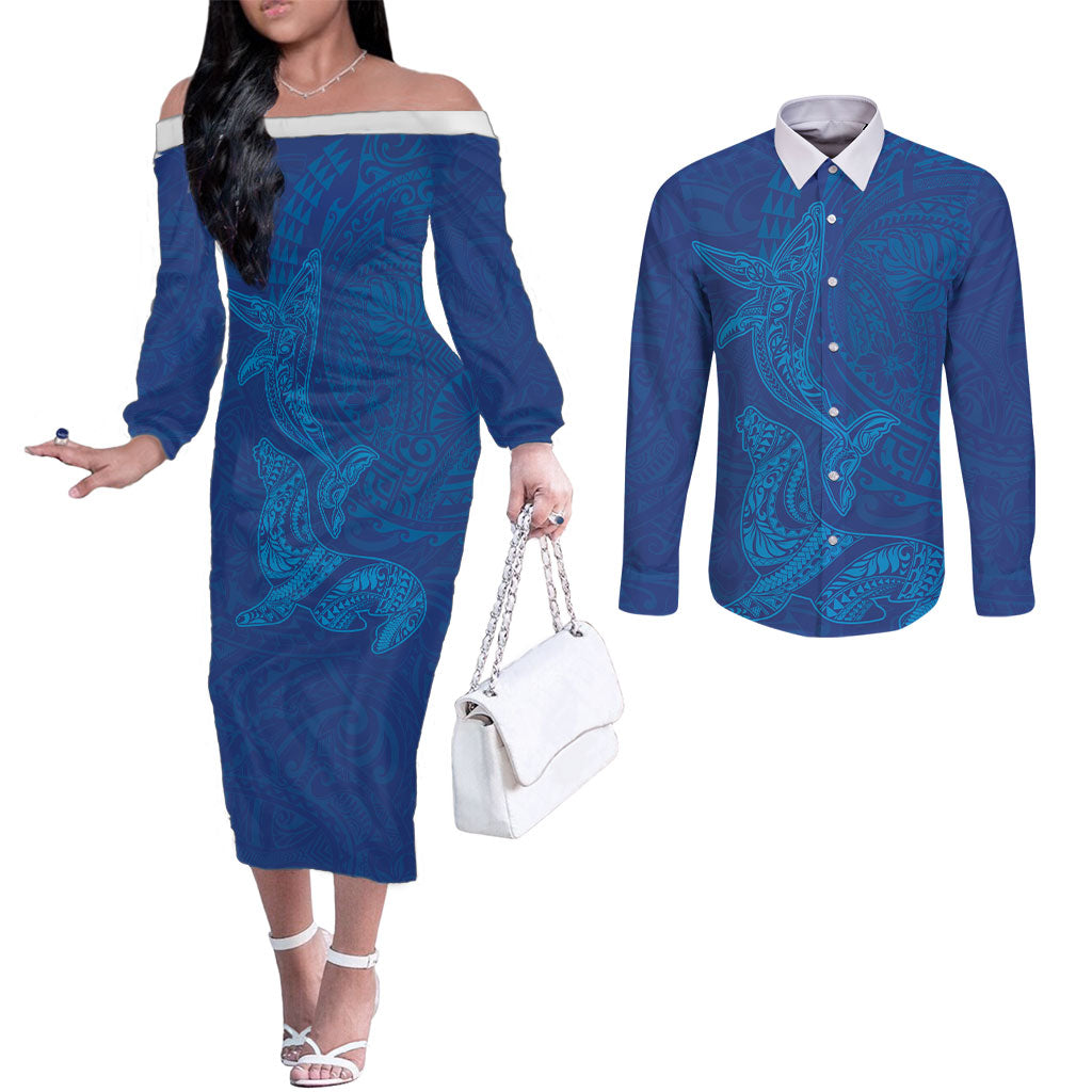 Hawaiian Monk Seal and Whale Couples Matching Off The Shoulder Long Sleeve Dress and Long Sleeve Button Shirt Kakau Tribal Pattern Blue Color