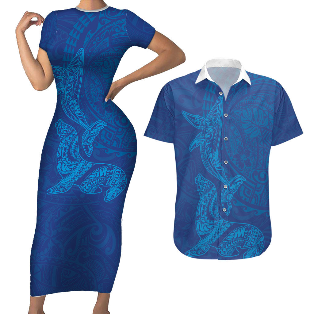 Hawaiian Monk Seal and Whale Couples Matching Short Sleeve Bodycon Dress and Hawaiian Shirt Kakau Tribal Pattern Blue Color LT03 Blue - Polynesian Pride
