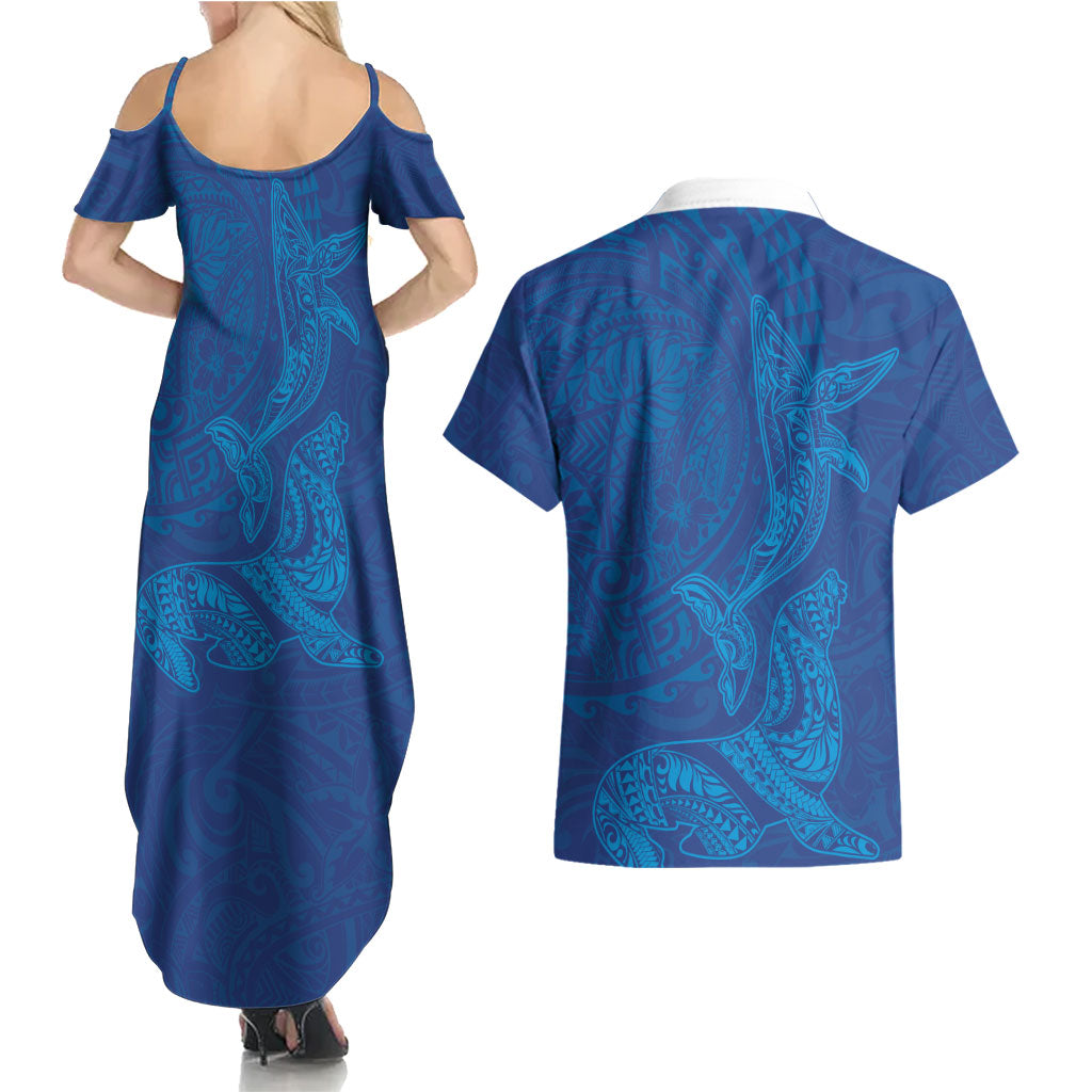 Hawaiian Monk Seal and Whale Couples Matching Summer Maxi Dress and Hawaiian Shirt Kakau Tribal Pattern Blue Color