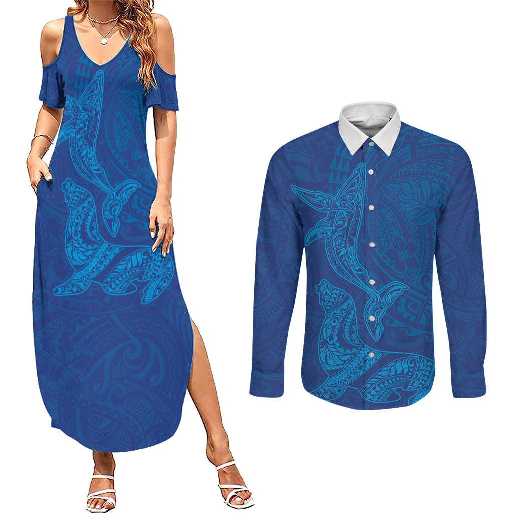 Hawaiian Monk Seal and Whale Couples Matching Summer Maxi Dress and Long Sleeve Button Shirt Kakau Tribal Pattern Blue Color