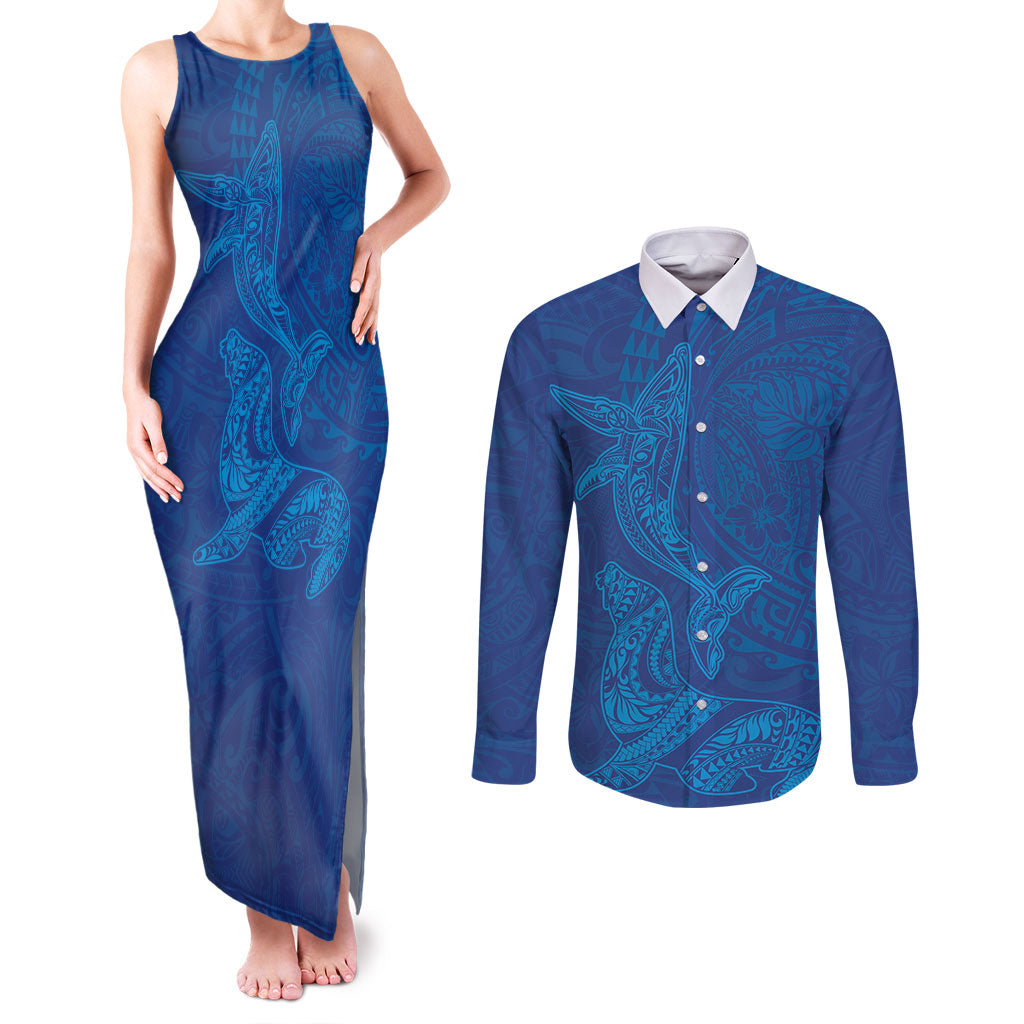 Hawaiian Monk Seal and Whale Couples Matching Tank Maxi Dress and Long Sleeve Button Shirt Kakau Tribal Pattern Blue Color