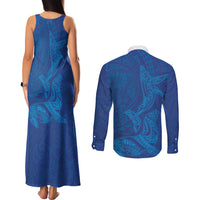 Hawaiian Monk Seal and Whale Couples Matching Tank Maxi Dress and Long Sleeve Button Shirt Kakau Tribal Pattern Blue Color